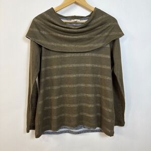Tribal Jeans Sheer Overlay Cowl Neck Sweater Womens Large Olive Green Striped